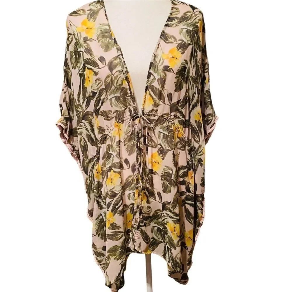 Lily White Kimono Floral Sheer Wrap Coverup Blush Trim Size Medium